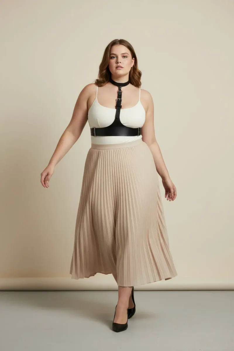 Black Faux Leather Choker Underbust Harness Worn Over White Camisole