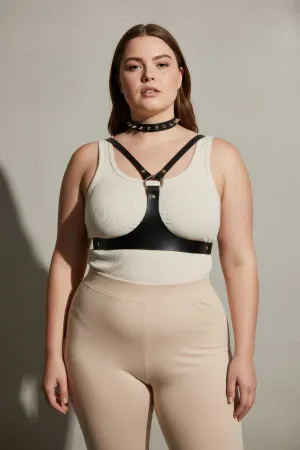 Plus Size Black Women's Belt Staple Detailed Leather Harness Body Accessory - APFT1299