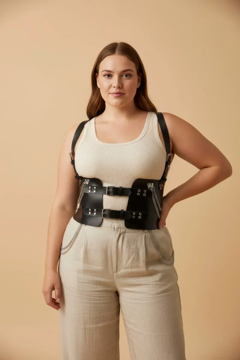 Black underbust festival harness with silver chain