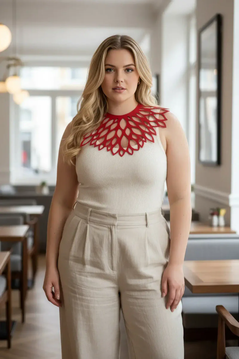 Red laser cut petal choker necklace worn by a model