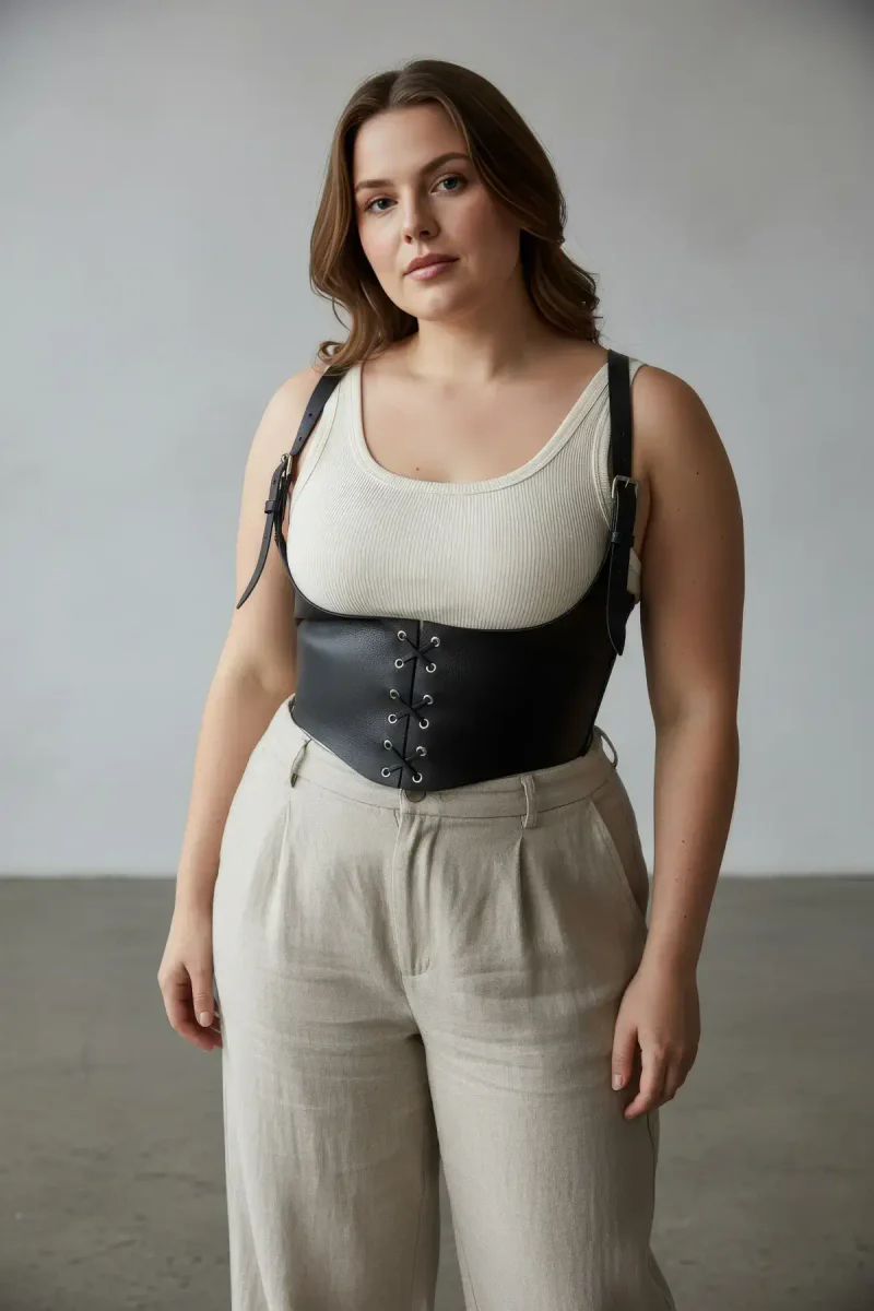 Underbust harness black faux leather worn