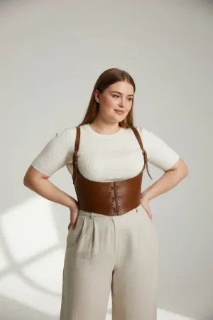 Plus Size Tan Women's Leather Corset with Belt and Shoulder Straps - APFT1428