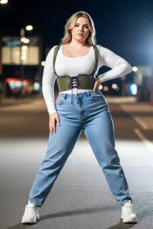 Plus Size Khaki Women's Corset Style with Belt Shoulder Straps - APFT1429