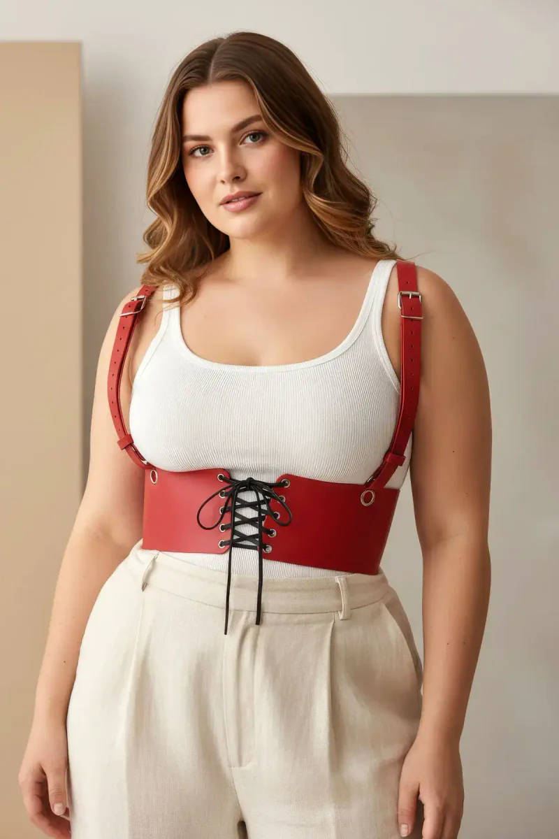 Curvy model wearing a red faux