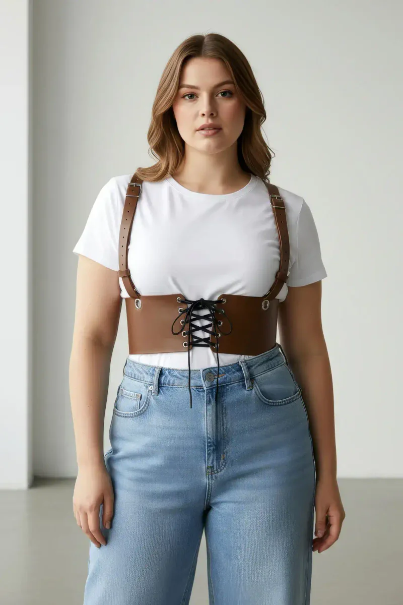 Brown faux leather underbust corset harness