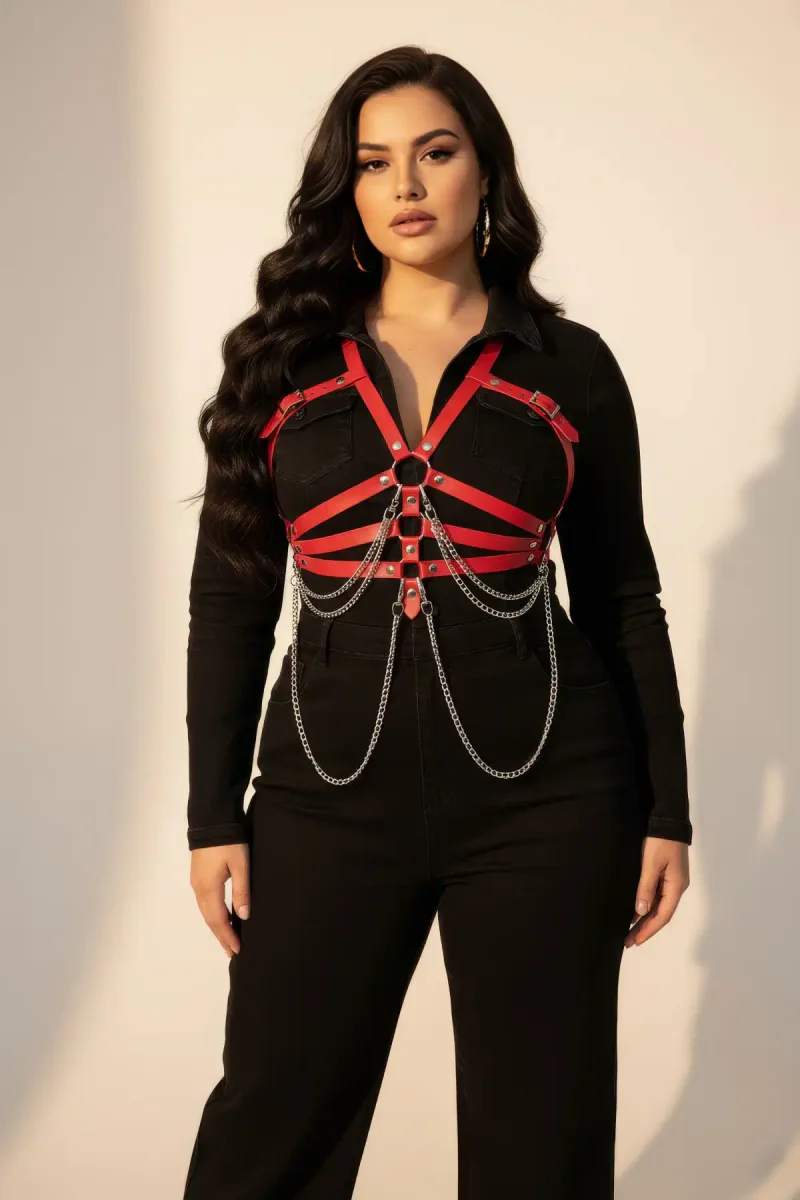 Red faux leather chain detailed festival