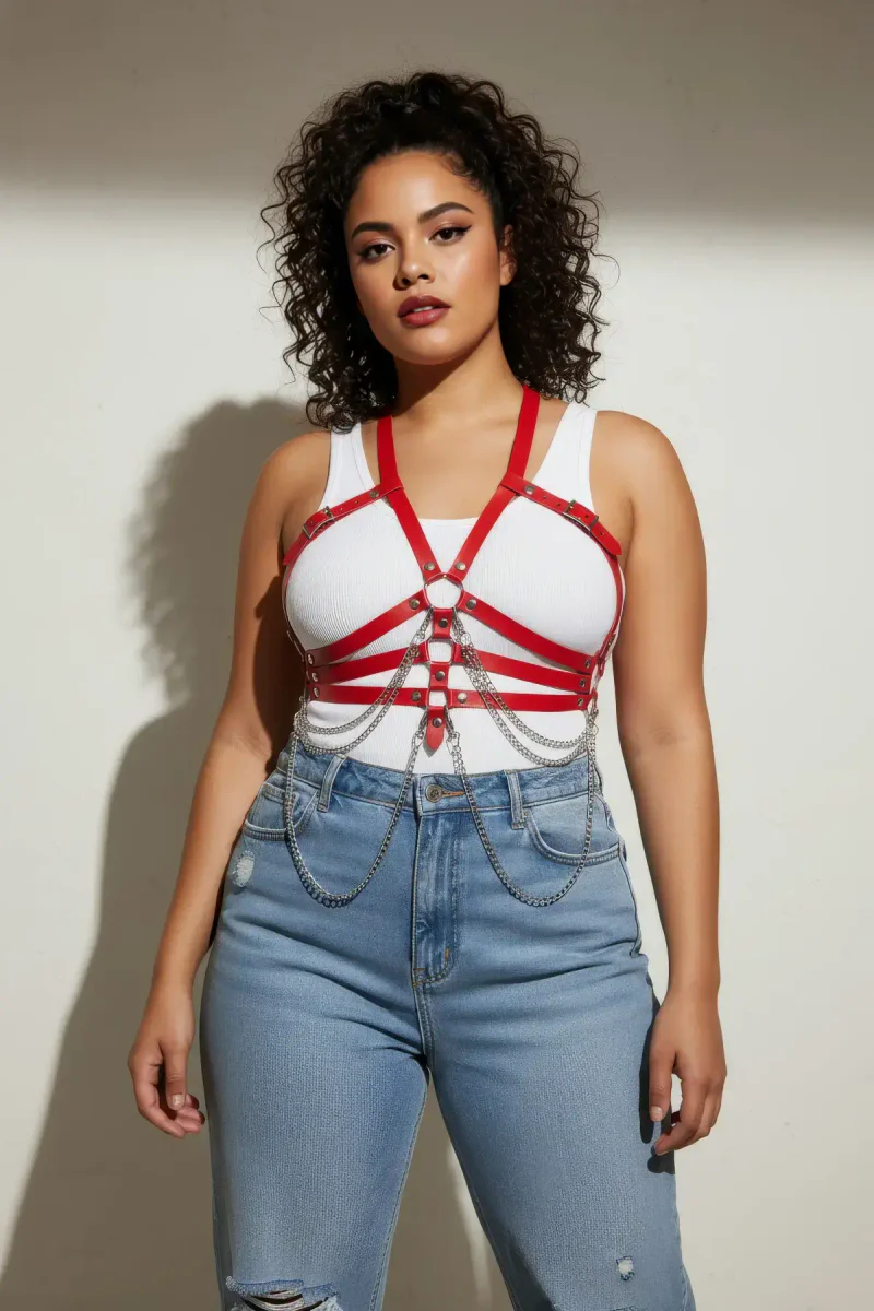 Red faux leather festival harness