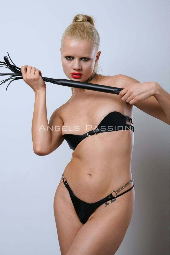 Whip and Open Crotch Leather Bra and Panty Set - 4