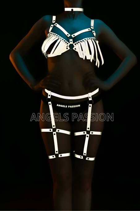 White Reflective Tasseled Bra and Garter Set - 1