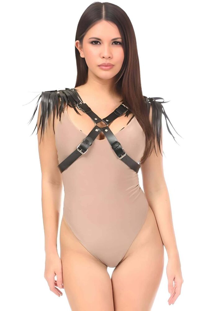 Women's Leather Chest Harness with Shoulder Tassels - 1