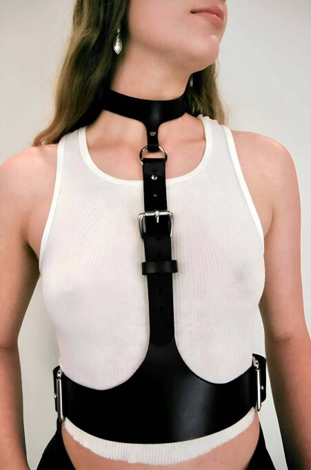 Women's Leather Corset Belt Harness with Neck Link - 1