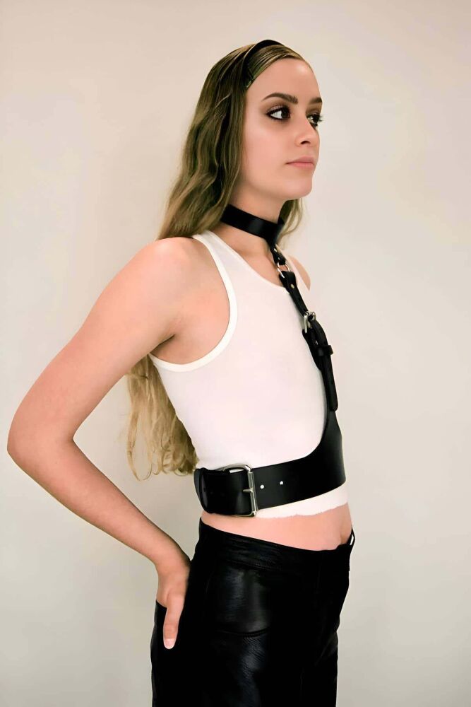 Women's Leather Corset Belt Harness with Neck Link - 2